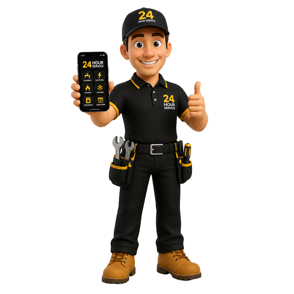 Mascote SOCORRO24HORAS: profissional uniformizado segurando um smartphone